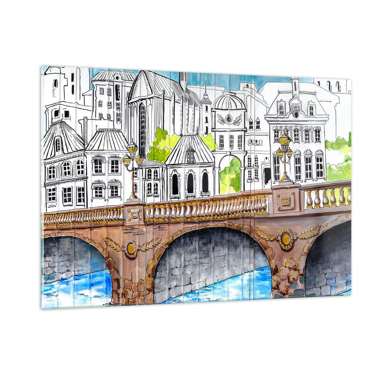 Glasbild - Bild auf glas - Die Brücke und die Stadtarchitektur in Form einer Aquarellskizze - 120x80cm - Die Stadt ist gemalt - Moderne Wanddekoration für Wohnzimmer und Schlafzimmer ARTTOR