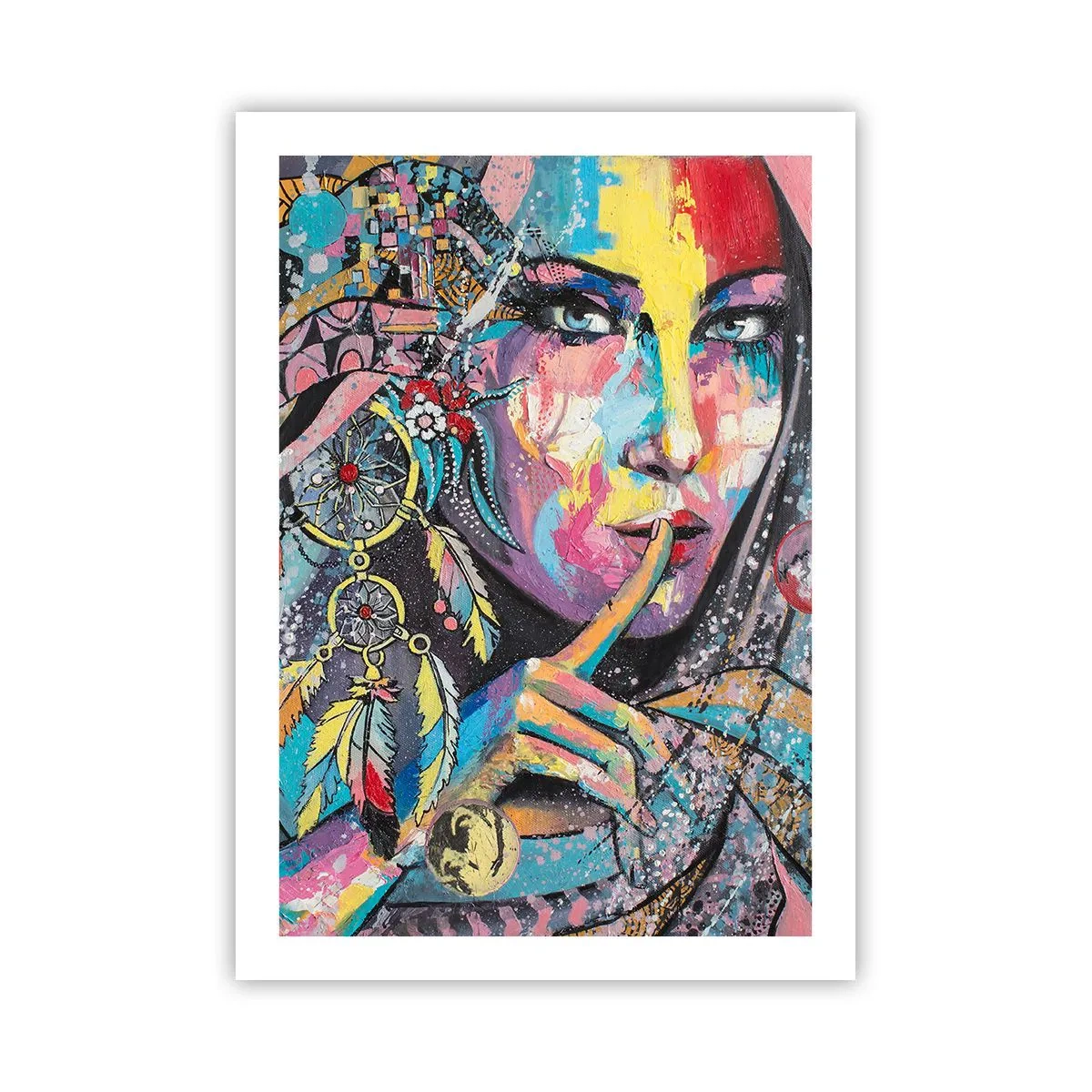 Poster - Farbenfrohes Porträt einer Frau mit Federn und einem Traumfänger - 50x70cm - Sei still, bis du verstehst - Moderne Wanddekoration für Wohnzimmer und Schlafzimmer ARTTOR