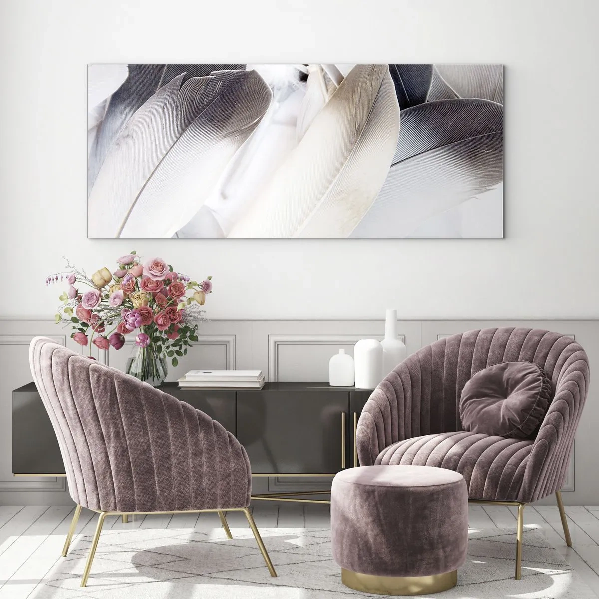 Glasbild - Bild auf glas - Nahaufnahme zarter Federn in Weiß- und Grautönen - 140x50cm - Fast engelhaft - Moderne Wanddekoration für Wohnzimmer und Schlafzimmer ARTTOR