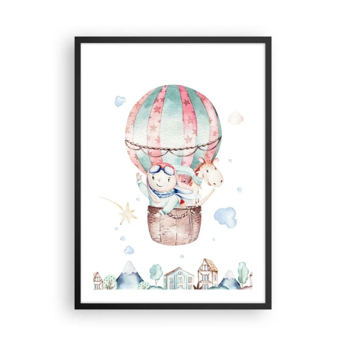 Poster in einem schwarzem Rahmen - Eine niedliche Illustration eines Teddybären, der in einem Ballon über einer Stadt fliegt - 50x70cm - Wir kommen bald zurück! - Moderne Wanddekoration für Wohnzimmer und Schlafzimmer ARTTOR