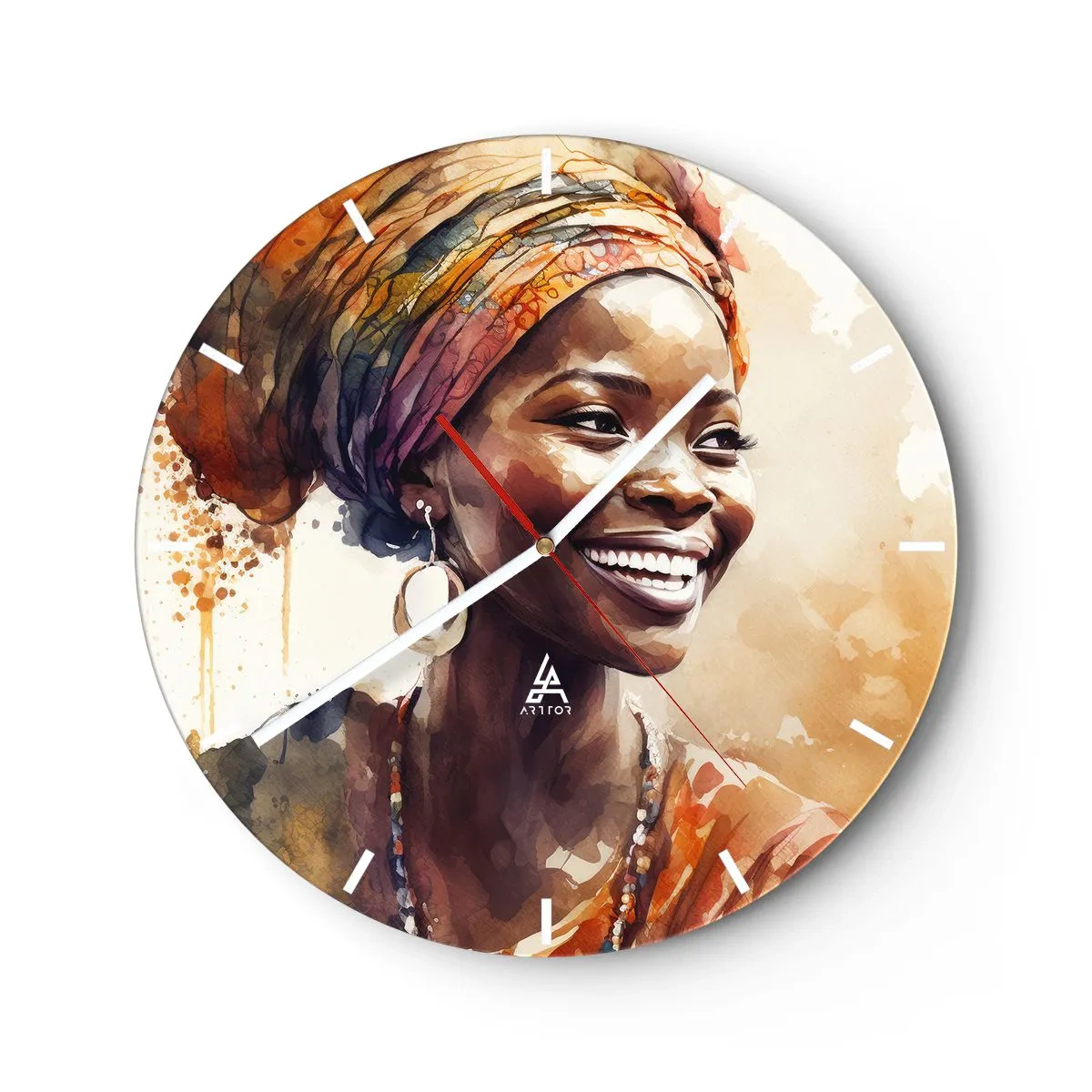 Wanduhr - Glasuhr - Eine lächelnde Frau mit Turban vor einem Hintergrund aus Aquarellflecken. - 30x30cm - Afrikanische Königin - Moderne Wanddekoration für Wohnzimmer, Küche und Schlafzimmer ARTTOR
