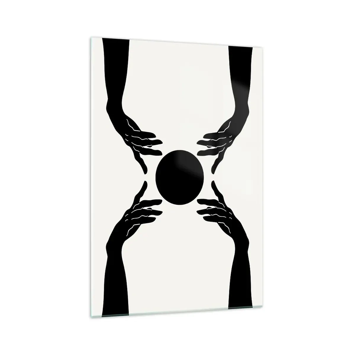 Glasbild - Bild auf glas - Schwarze Hände in einer symmetrischen Komposition mit einer Kugel - 70x100cm - Geheimes Zeichen - Moderne Wanddekoration für Wohnzimmer und Schlafzimmer ARTTOR