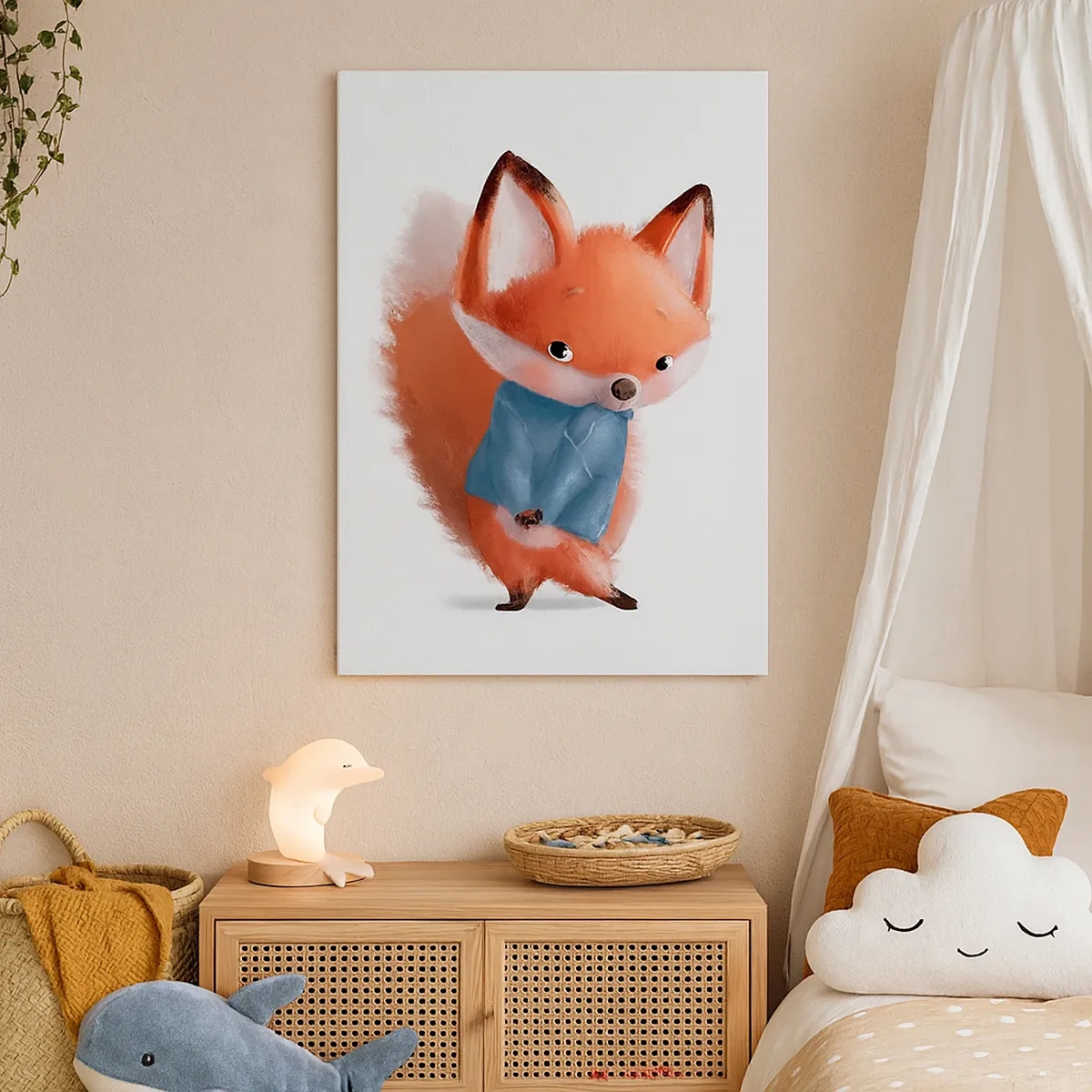 Bild auf Leinwand - Leinwandbild - Ein süßer Fuchs im blauen Anzug - 50x70cm - Steht mir das gut? - Moderne Wanddekoration für Wohnzimmer und Schlafzimmer ARTTOR