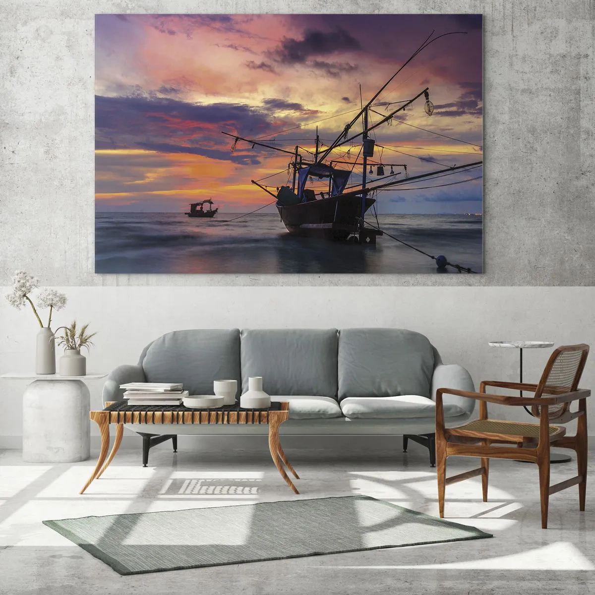 Glasbild - Bild auf glas - Fischerboote auf dem Meer bei Sonnenuntergang - 120x80cm - Exotischer Abend - Moderne Wanddekoration für Wohnzimmer und Schlafzimmer ARTTOR