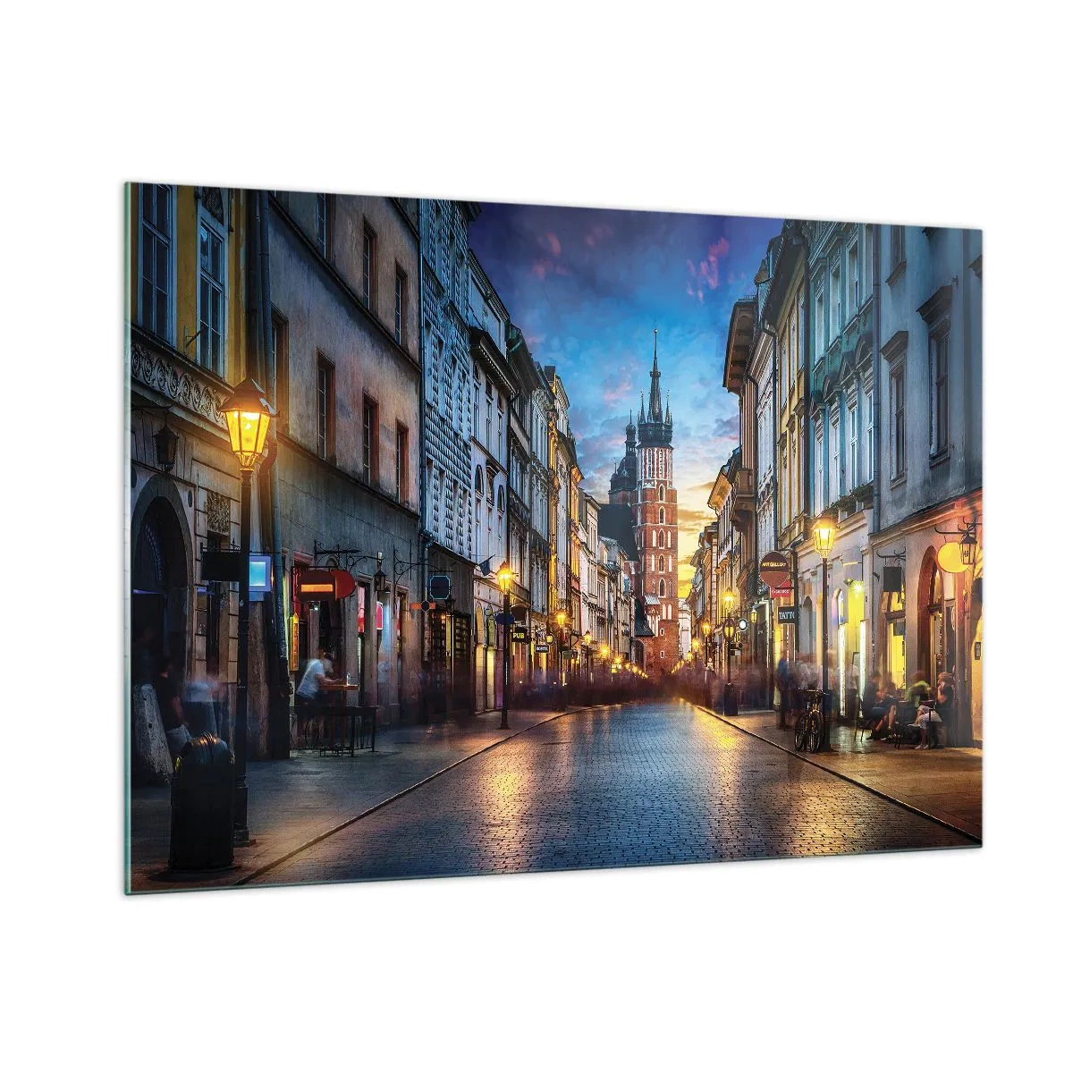 Glasbild - Bild auf glas - Abendlicher Blick auf die Altstadt mit der Kirche im Hintergrund - 100x70cm - Krakauer Charme - Moderne Wanddekoration für Wohnzimmer und Schlafzimmer ARTTOR