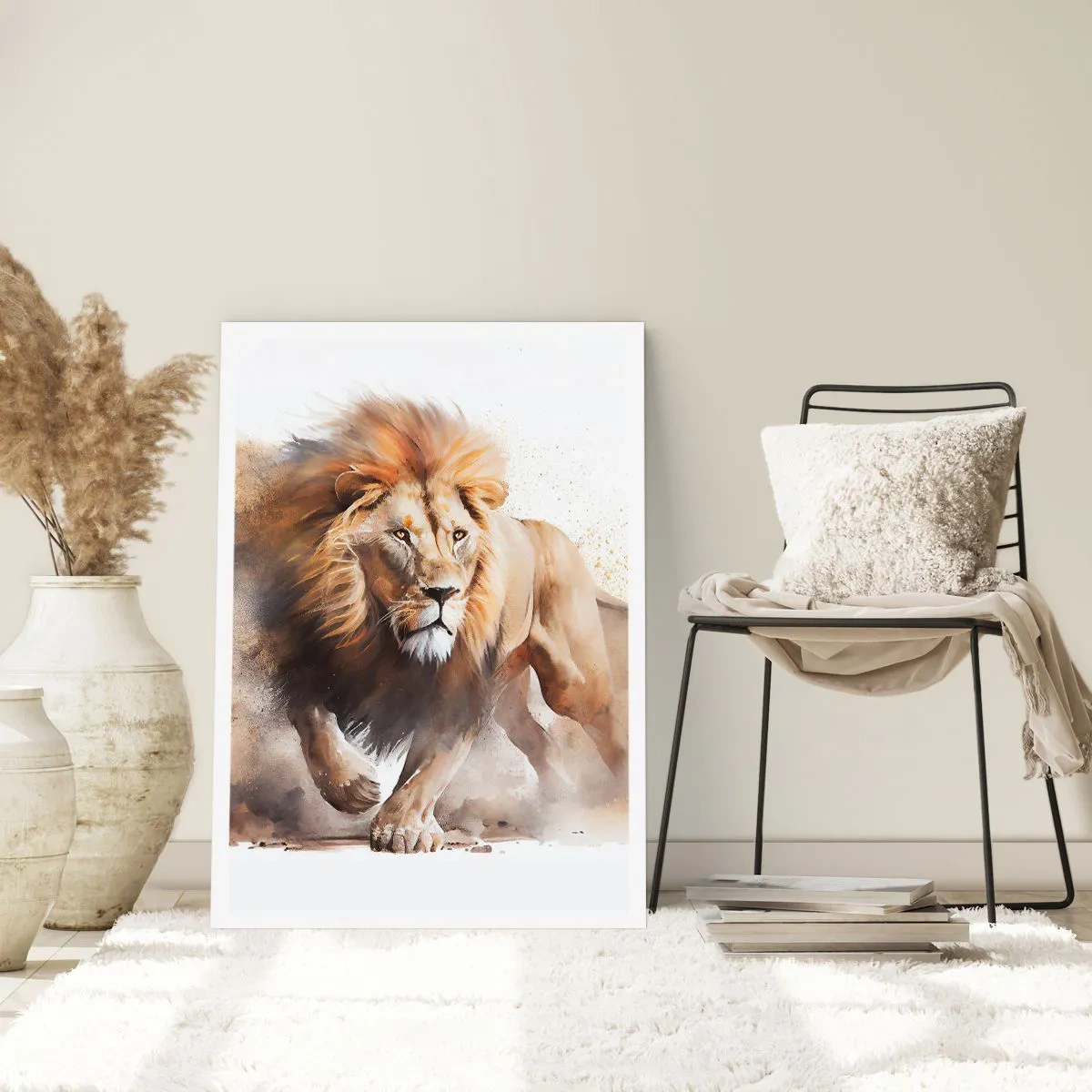 Poster - Ein stattlicher Löwe in Bewegung im malerischen Stil - 50x70cm - Der König zog um - Moderne Wanddekoration für Wohnzimmer und Schlafzimmer ARTTOR