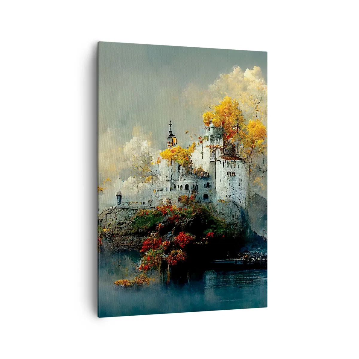 Bild auf Leinwand - Leinwandbild - Ein Schloss auf einem Hügel, umgeben von herbstlichen Bäumen - 70x100cm - Beginn einer romantischen Geschichte - Moderne Wanddekoration für Wohnzimmer und Schlafzimmer ARTTOR