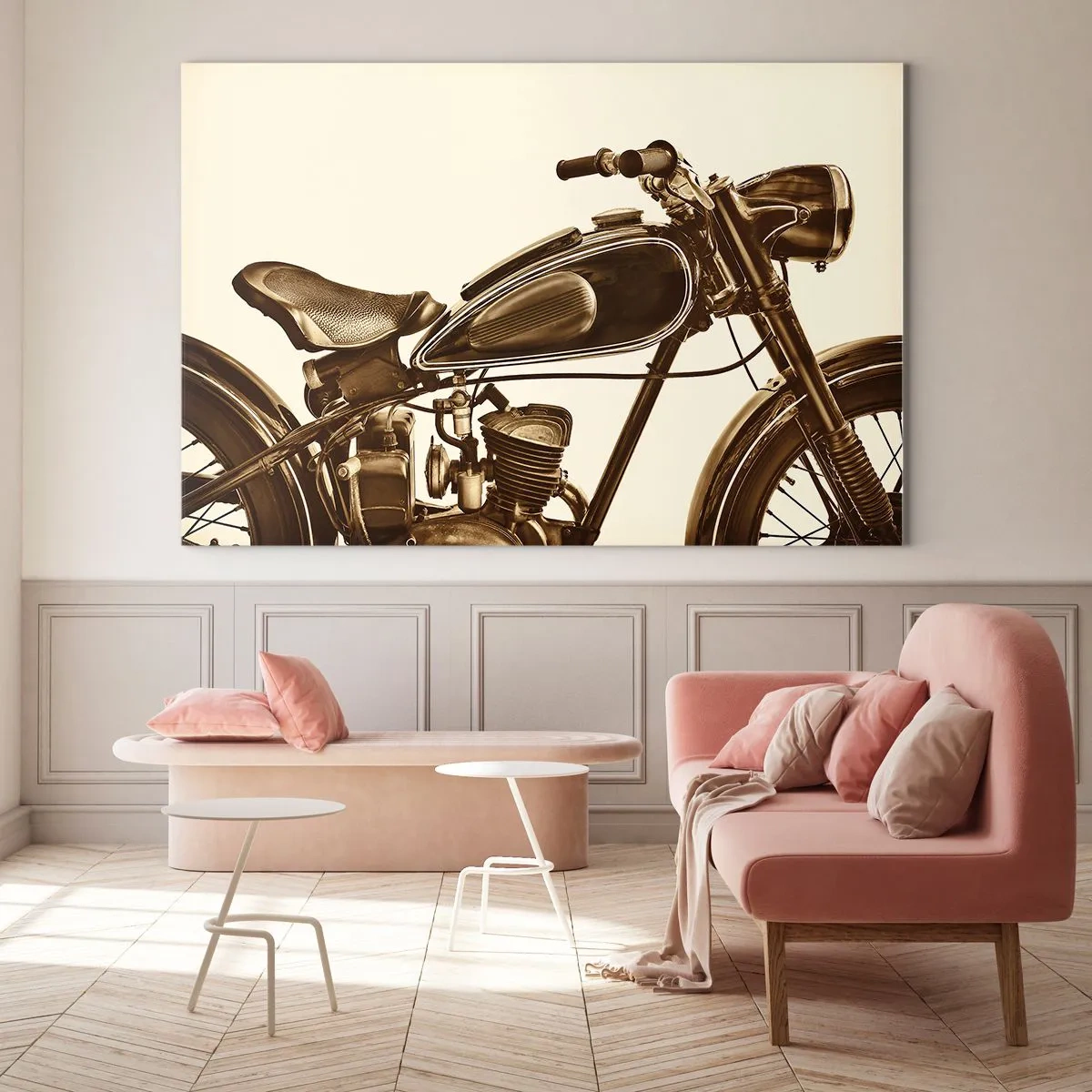 Glasbild - Bild auf glas - Stilvolles Retro-Motorrad in Sepia-Tönen auf hellem Hintergrund - 120x80cm - Sehnsucht nach den Klassikern - Moderne Wanddekoration für Wohnzimmer und Schlafzimmer ARTTOR