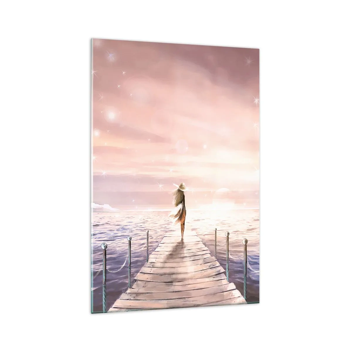 Glasbild - Bild auf glas - Eine Frau auf einem Steg in einer magischen Sonnenuntergangskulisse - 70x100cm - Im Licht eines Traums - Moderne Wanddekoration für Wohnzimmer und Schlafzimmer ARTTOR