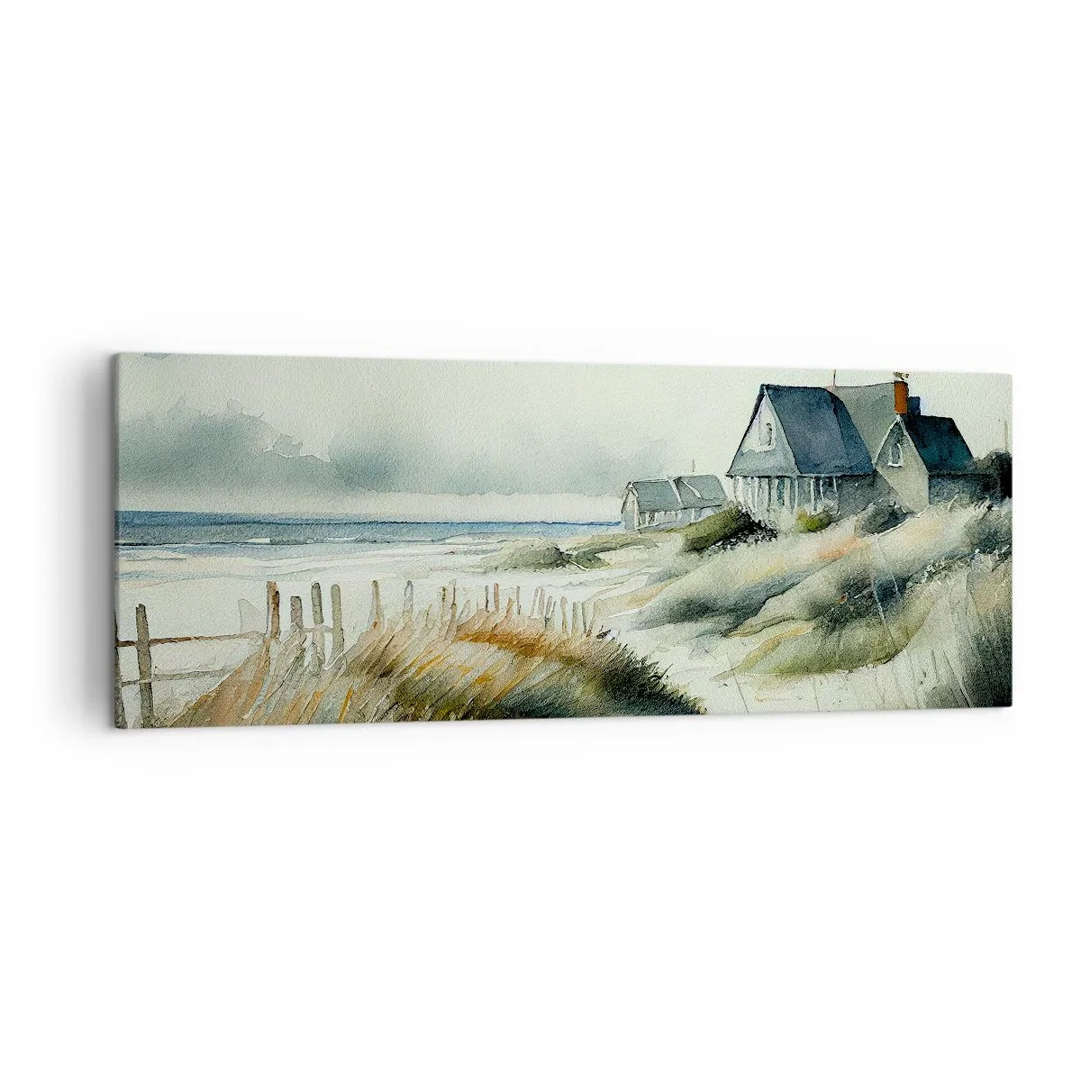 Bild auf Leinwand - Leinwandbild - Ein Haus am Meer, umgeben von Gras und mit Blick auf das Meer - 140x50cm - Abseits vom Trubel - Moderne Wanddekoration für Wohnzimmer und Schlafzimmer ARTTOR