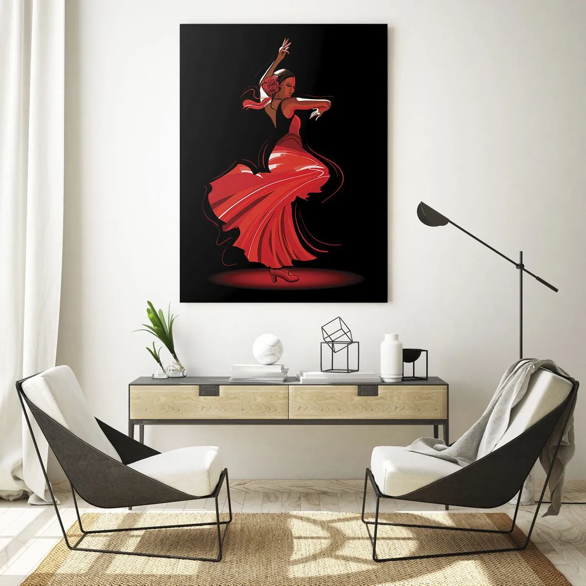 Glasbild - Bild auf glas - Flamenco-Tänzerin in einem roten Kleid vor schwarzem Hintergrund - 80x120cm - Der feurige Geist des Flamenco - Moderne Wanddekoration für Wohnzimmer und Schlafzimmer ARTTOR