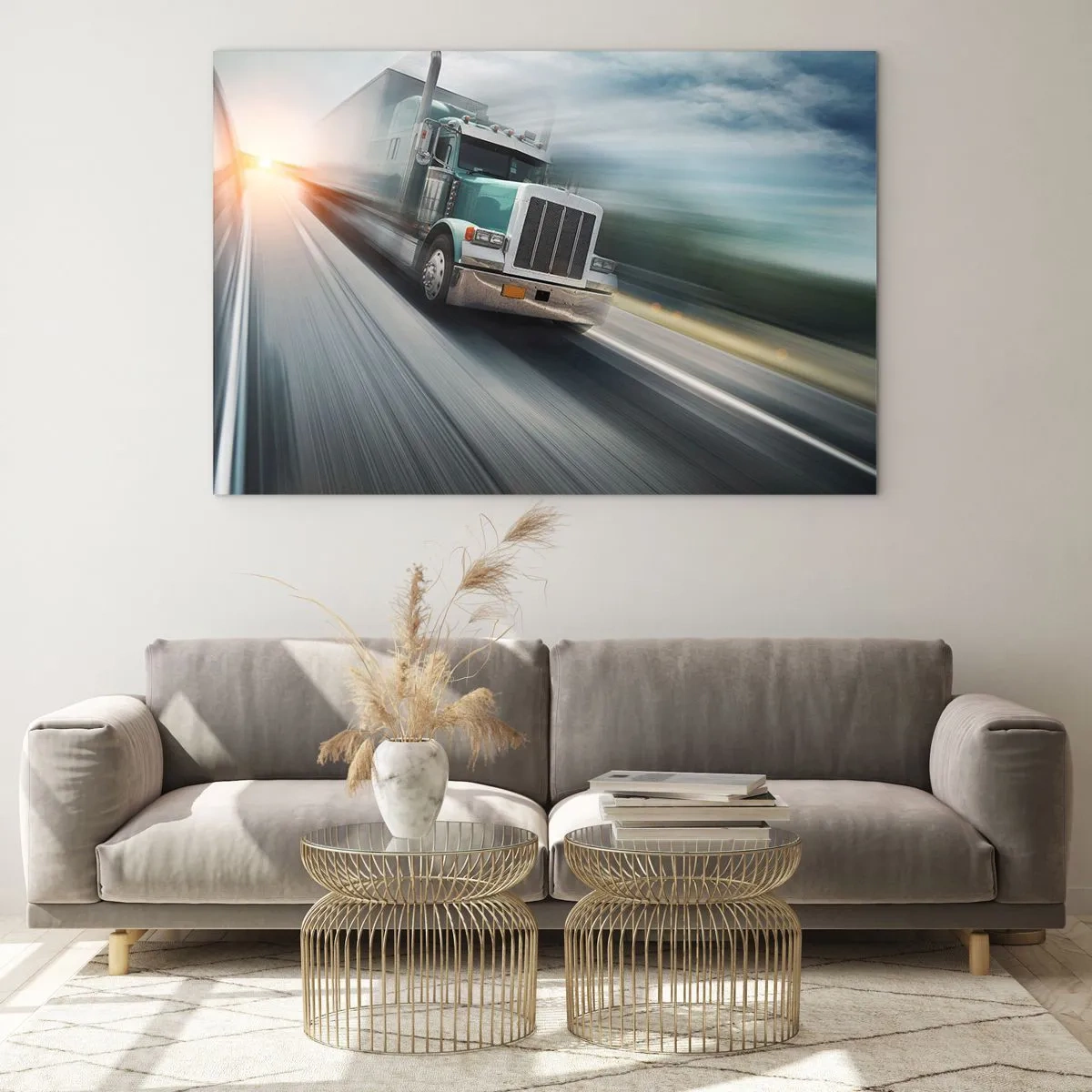 Glasbild - Bild auf glas - LKW auf der Autobahn bei Sonnenuntergang - 120x80cm - Der amerikanische Riese in Eile - Moderne Wanddekoration für Wohnzimmer und Schlafzimmer ARTTOR