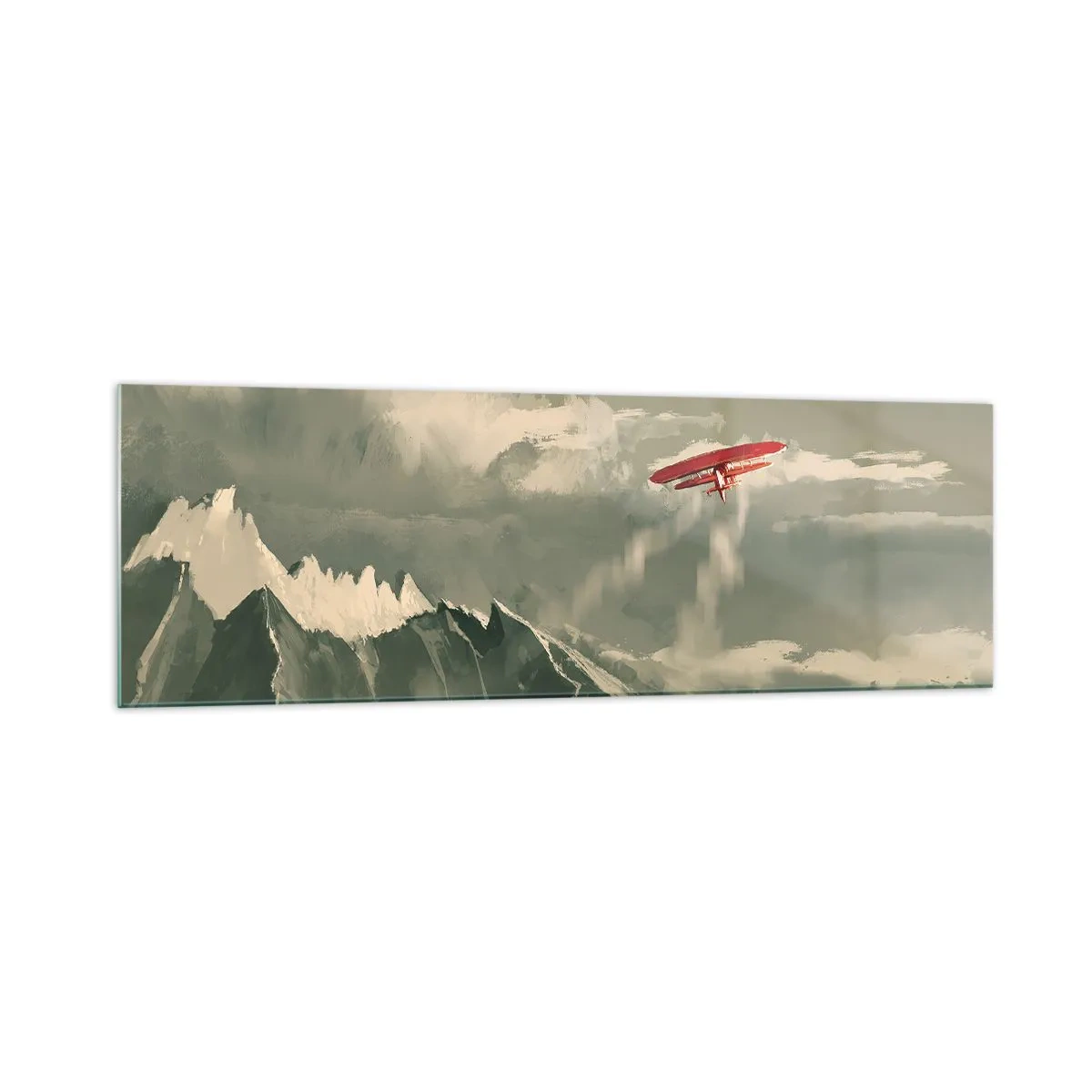 Glasbild - Bild auf glas - Rotes Flugzeug über schneebedeckten Bergen - 160x50cm - Furchtloser Pionier - Moderne Wanddekoration für Wohnzimmer und Schlafzimmer ARTTOR