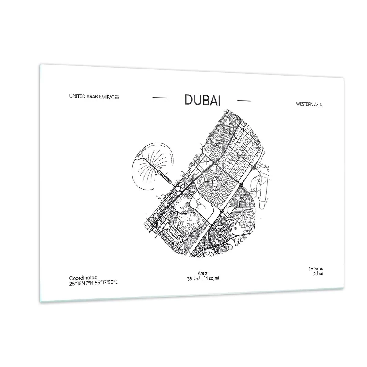 Glasbild - Bild auf glas - Eine minimalistische Karte von Dubai im Schwarz-Weiß-Stil. - 120x80cm - Anatomie von Dubai - Moderne Wanddekoration für Wohnzimmer und Schlafzimmer ARTTOR