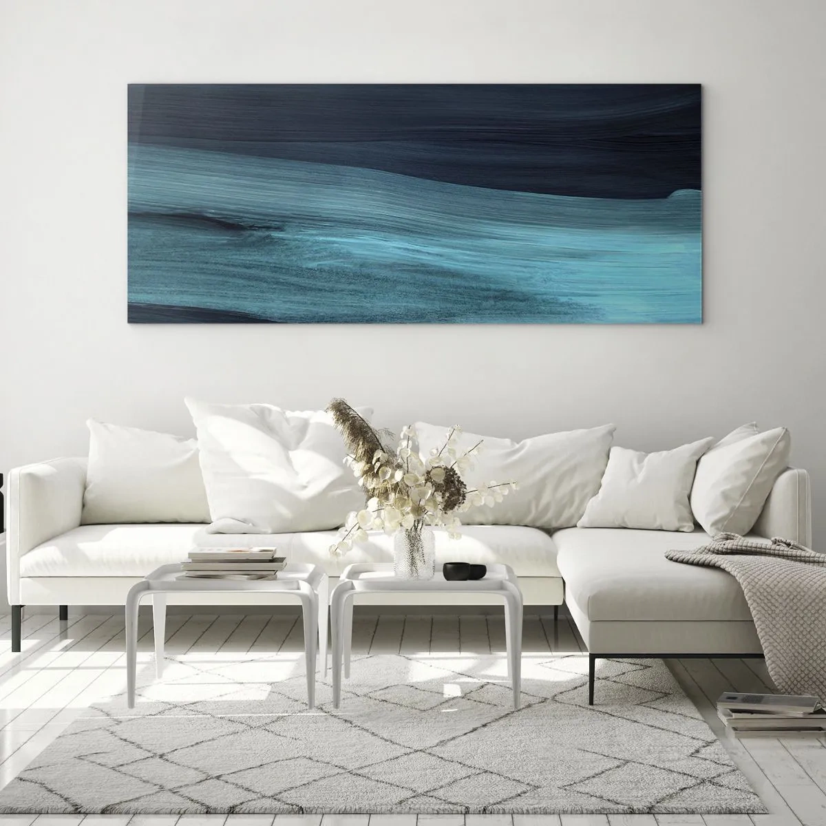 Glasbild - Bild auf glas - Dezente abstrakte Wellen in dunklen Blautönen - 120x50cm - Gehen Sie mit dem Strom - Moderne Wanddekoration für Wohnzimmer und Schlafzimmer ARTTOR