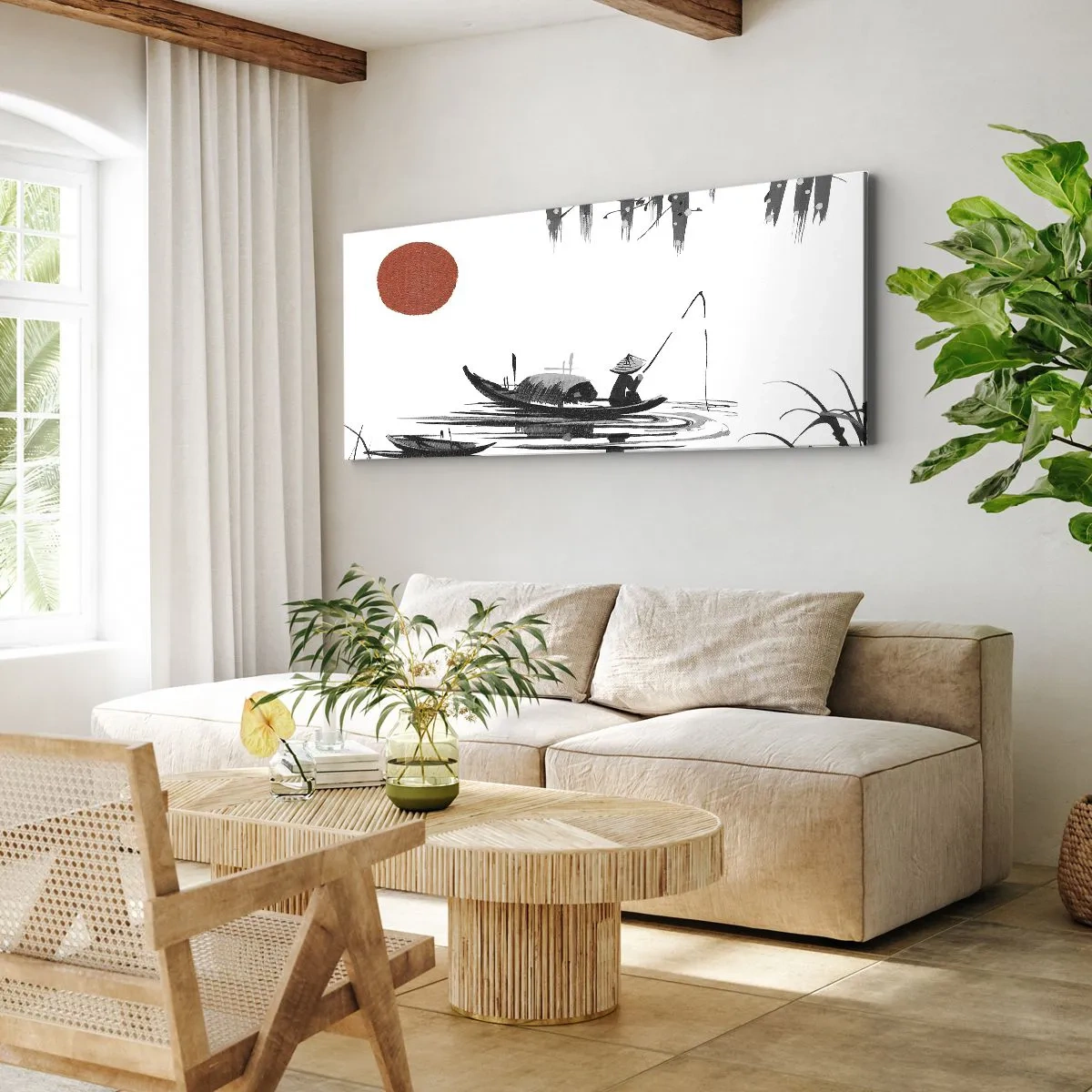 Bild auf Leinwand - Leinwandbild - Orientalische Landschaft mit einem Fischer auf einem Boot und einer roten Sonne - 160x50cm - Asiatischer Nachmittag - Moderne Wanddekoration für Wohnzimmer und Schlafzimmer ARTTOR