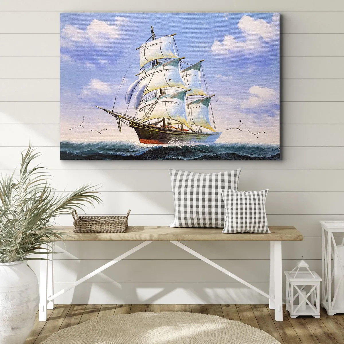 Bild auf Leinwand - Leinwandbild - Ein Segelschiff auf offener See unter blauem Himmel - 120x80cm - Mit Stolz mit dem Wind - Moderne Wanddekoration für Wohnzimmer und Schlafzimmer ARTTOR