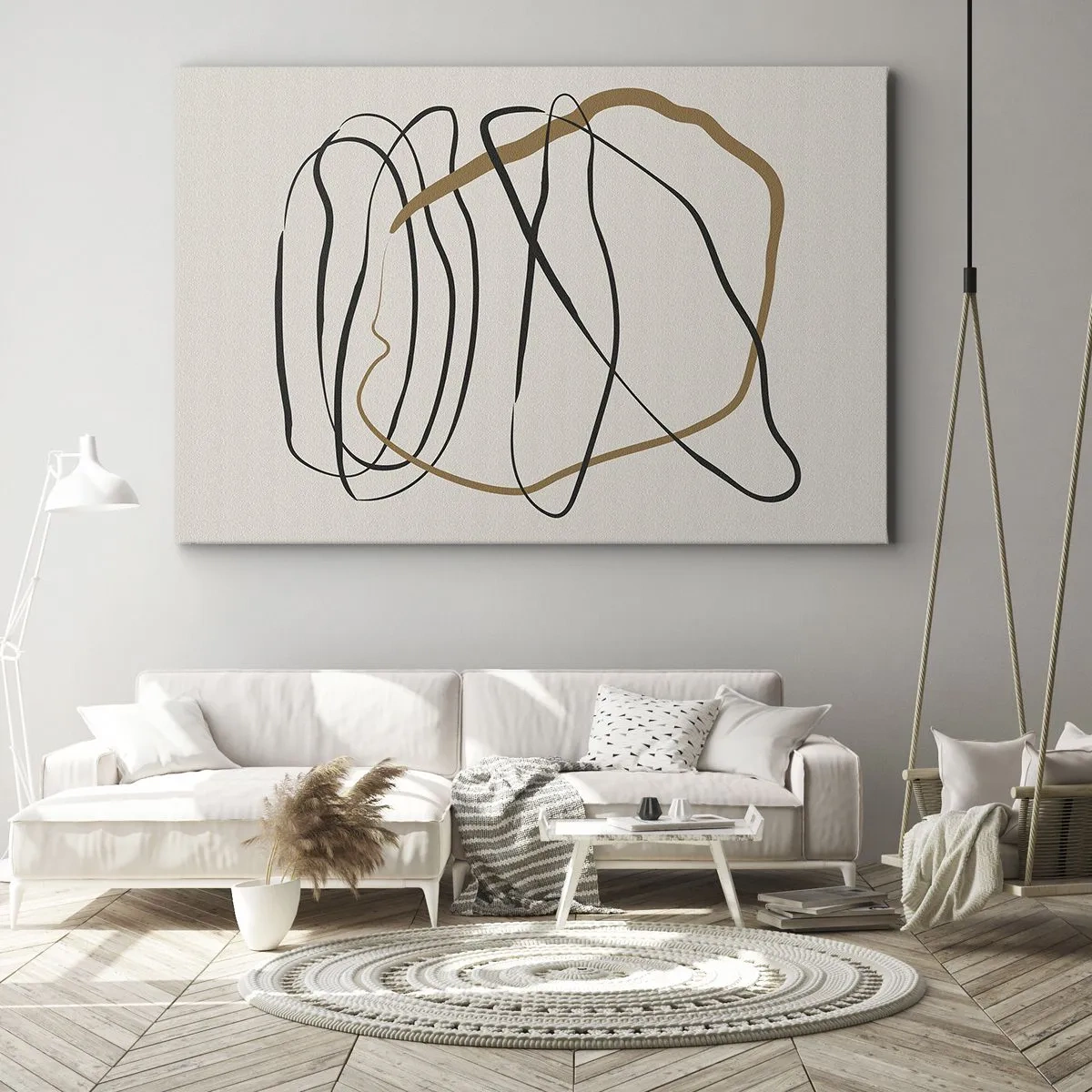 Bild auf Leinwand - Leinwandbild - Künstlerische Linien in Schwarz und Gold auf hellem Hintergrund - 100x70cm - Komposition – Looptanz - Moderne Wanddekoration für Wohnzimmer und Schlafzimmer ARTTOR