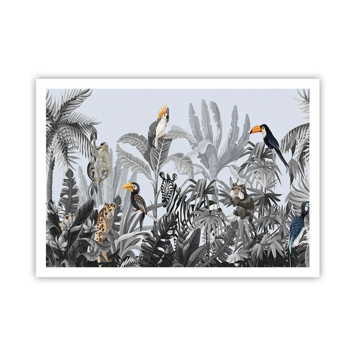Poster - Tropischer Dschungel mit exotischen Tieren auf grauem Hintergrund - 100x70cm - Afrikanisches Märchen - Moderne Wanddekoration für Wohnzimmer und Schlafzimmer ARTTOR