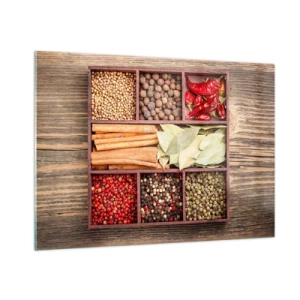 Glasbild - Bild auf glas - Bunte Gewürze in Holzfächern - 100x70cm - Ordnung der Formen, Bouquet von Aromen - Moderne Wanddekoration für Wohnzimmer und Schlafzimmer ARTTOR