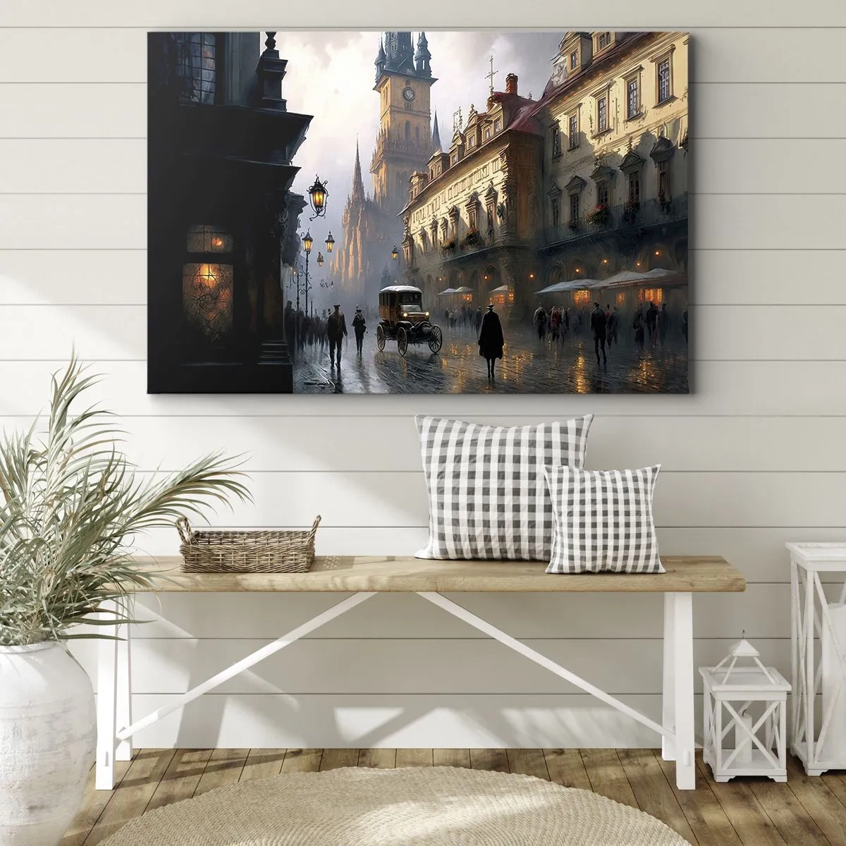 Bild auf Leinwand - Leinwandbild - Abendliche Straßenszene mit historischer Architektur - 120x80cm - Charme eines Prager Abends - Moderne Wanddekoration für Wohnzimmer und Schlafzimmer ARTTOR