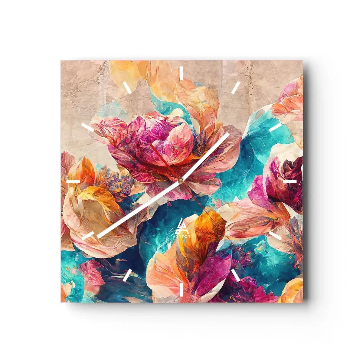 Wanduhr - Glasuhr - Bunte Blumen auf beigem Hintergrund - 30x30cm - Farbenpracht des Straußes - Moderne Wanddekoration für Wohnzimmer und Schlafzimmer ARTTOR