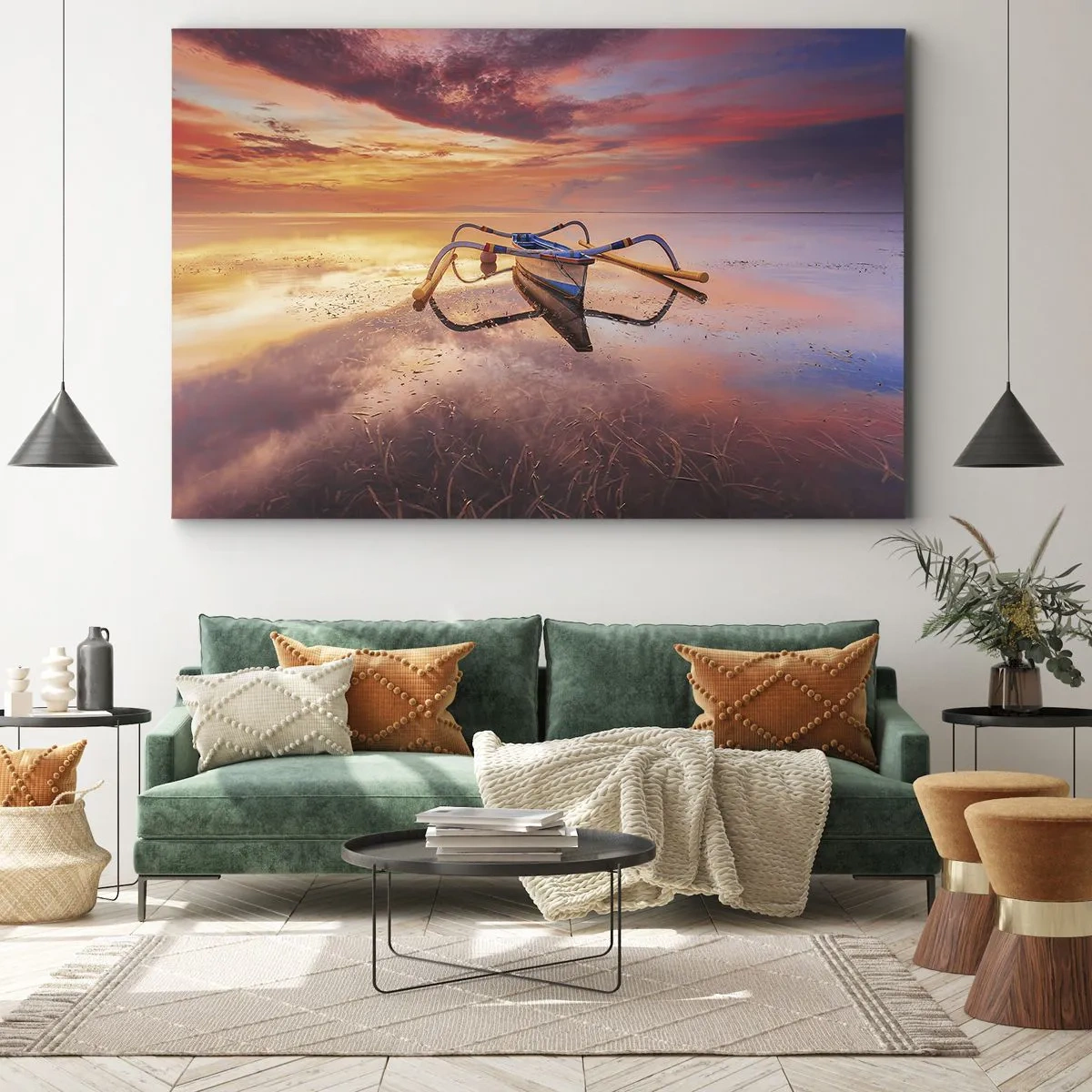 Bild auf Leinwand - Leinwandbild - Ein Boot auf ruhigem Wasser bei Sonnenuntergang - 70x50cm - Die Ruhe eines tropischen Abends - Moderne Wanddekoration für Wohnzimmer und Schlafzimmer ARTTOR