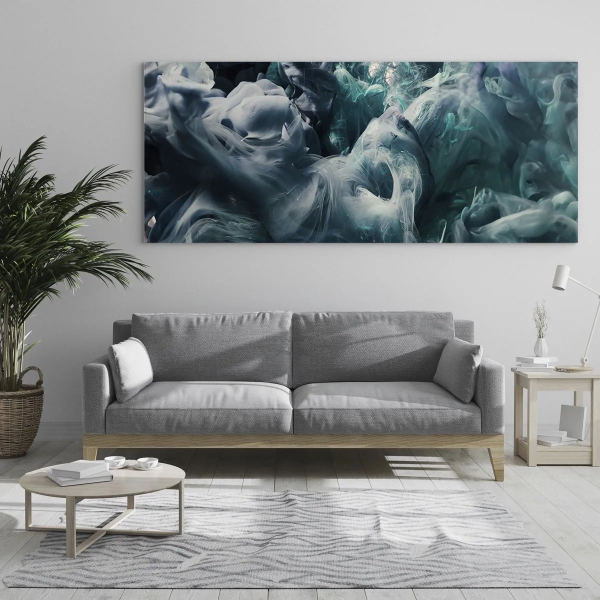 Glasbild - Bild auf glas - Dynamische abstrakte Wellen in Blau- und Weißtönen - 160x50cm - Farbbewegung - Moderne Wanddekoration für Wohnzimmer und Schlafzimmer ARTTOR