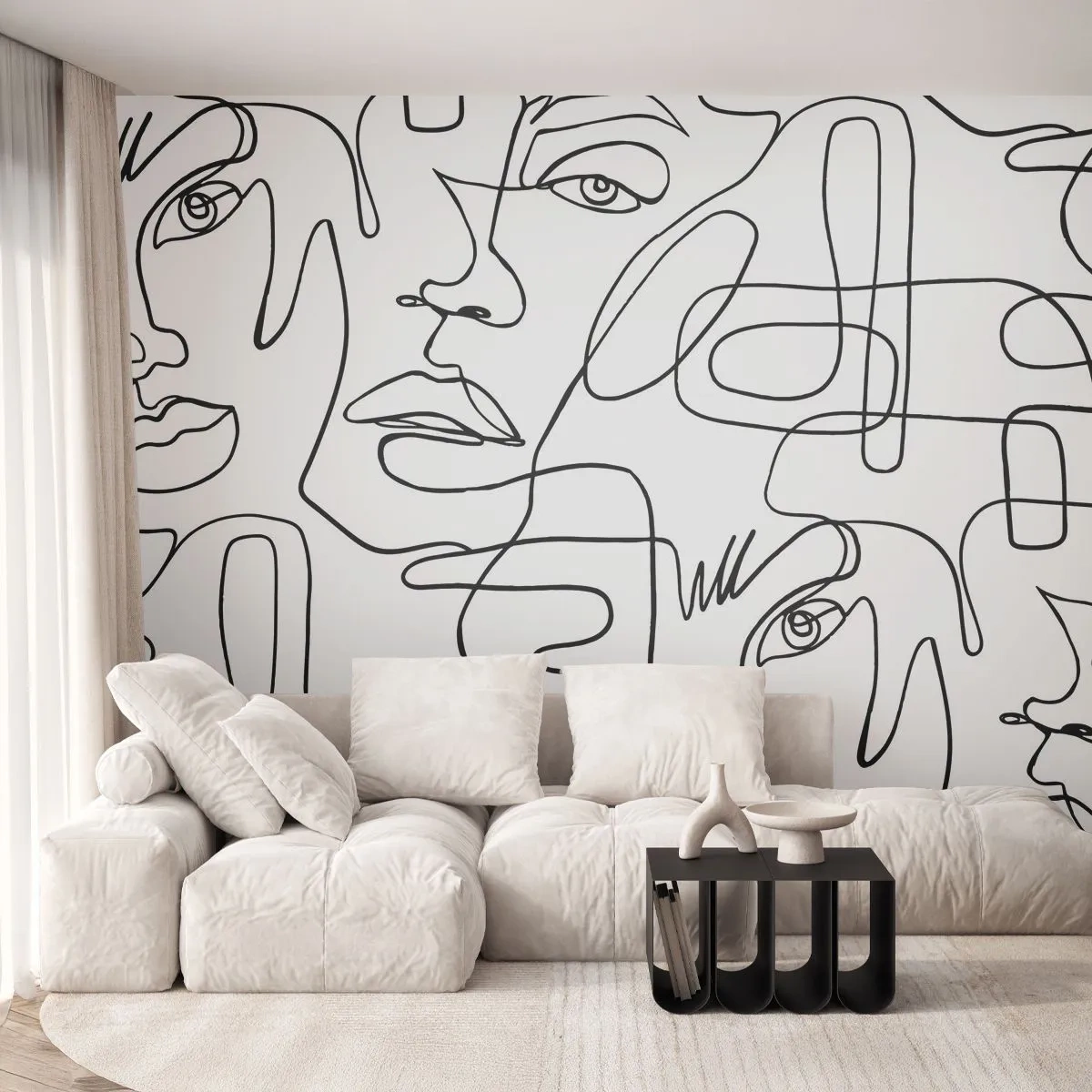 Fototapete Premium Canvas - Eine minimalistische Zeichnung eines Gesichts mit Linien auf hellem Hintergrund. - 100x70cm - In verworrenen Gefühlen - Moderne Wanddekoration für Wohnzimmer und Schlafzimmer ARTTOR