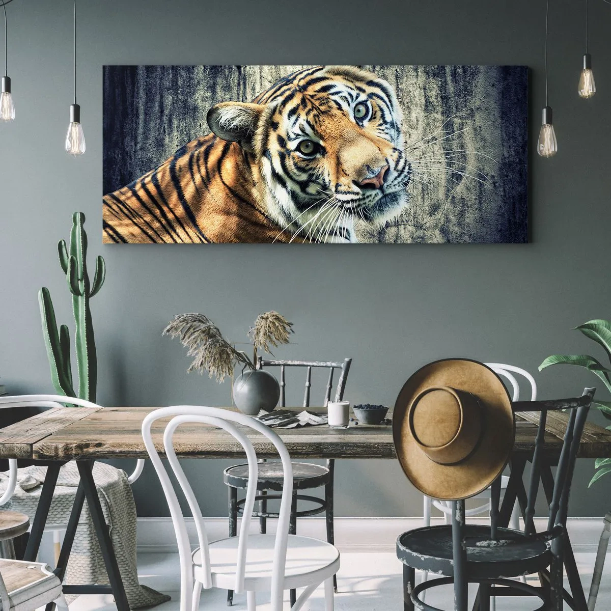 Bild auf Leinwand - Leinwandbild - Ein Tiger liegt an einer rauen Wand - 160x50cm - Portrait in Lichtstrahlen - Moderne Wanddekoration für Wohnzimmer und Schlafzimmer ARTTOR