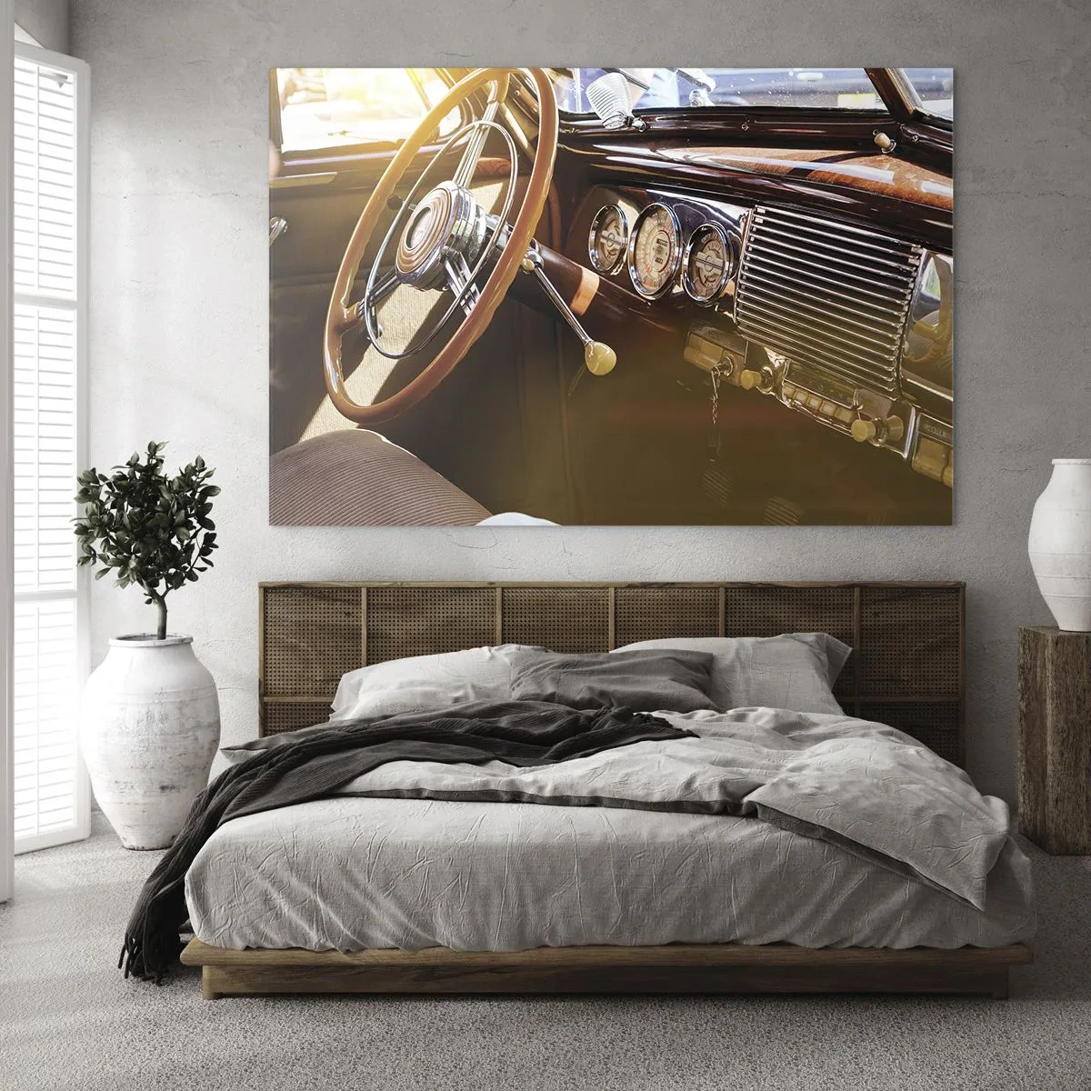 Glasbild - Bild auf glas - Innenraum eines Oldtimers mit Holzlenkrad - 70x50cm - Ein Hauch von Luxus aus der Vergangenheit - Moderne Wanddekoration für Wohnzimmer und Schlafzimmer ARTTOR