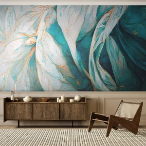 Selbstklebende Fototapete Deluxe Sticker - Blaue Abstraktion mit goldenem Motiv - Stück, Art Deco, Subtil - 300x210 cm