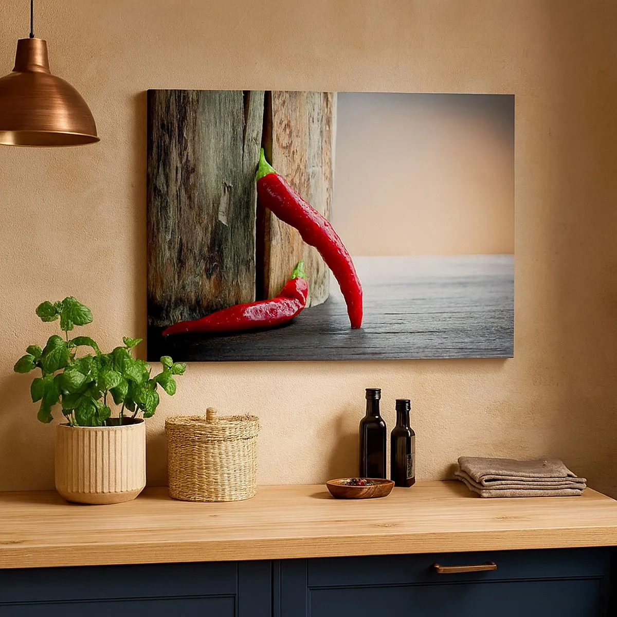 Bild auf Leinwand - Leinwandbild - Zwei rote Chilischoten auf einem hölzernen Hintergrund mit rustikalem Akzent - 70x50cm - Red hot chili peppers - Moderne Wanddekoration für Wohnzimmer und Schlafzimmer ARTTOR