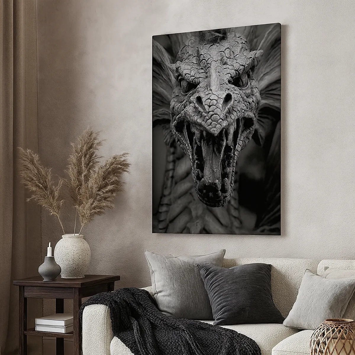 Bild auf Leinwand - Leinwandbild - Ein bedrohlicher Drachenkopf in Schwarz-Weiß mit ausdrucksstarken Details. - 50x70cm - Ein märchenhafter Drache in Grau - Moderne Wanddekoration für Wohnzimmer und Schlafzimmer ARTTOR