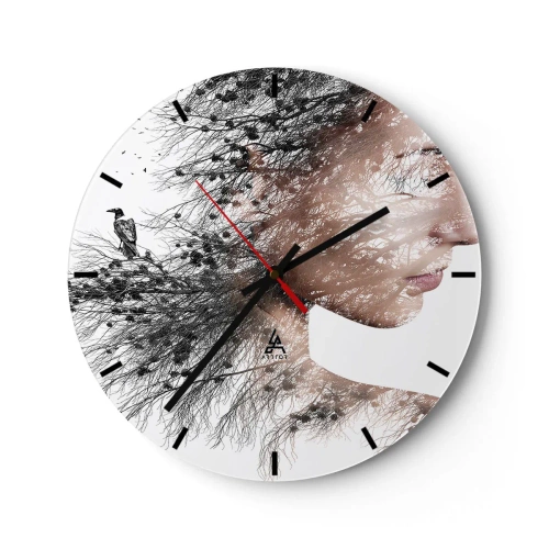 Wanduhr - Glasuhr - Künstlerisches Profil einer Frau mit einem Motiv aus Zweigen und Vögeln auf weißem Hintergrund. - 30x30cm - Der Geist des Waldes - Moderne Wanddekoration für Wohnzimmer, Küche und Schlafzimmer ARTTOR