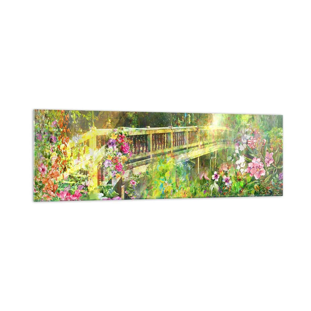 Glasbild - Bild auf glas - Eine Brücke umgeben von üppiger Vegetation und Blumen - 160x50cm - Eine Brücke aus Frühlingsseufzern - Moderne Wanddekoration für Wohnzimmer und Schlafzimmer ARTTOR