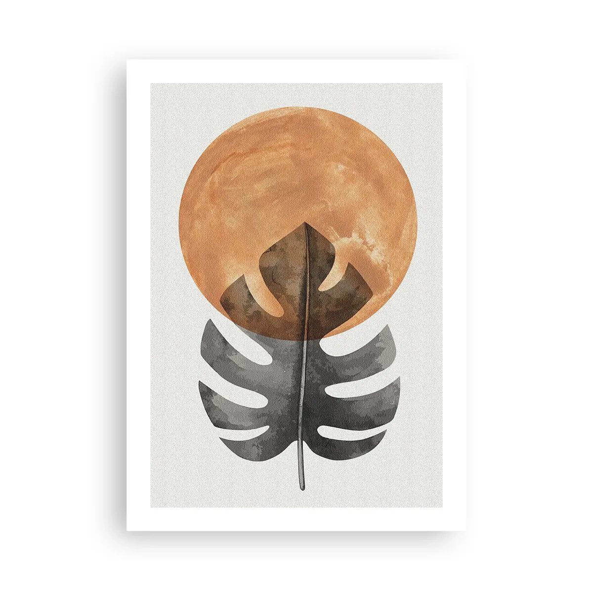 Poster - Ein Monstera-Blatt vor einem warmen orangefarbenen Kreis - 50x70cm - Immer die Sonne - Moderne Wanddekoration für Wohnzimmer und Schlafzimmer ARTTOR