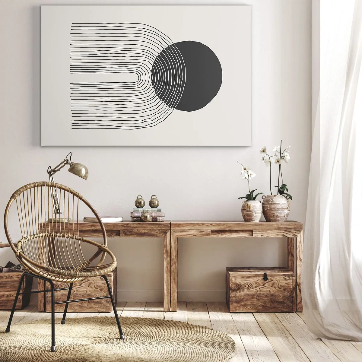 Bild auf Leinwand - Leinwandbild - Abstraktes Muster mit Linien und einem schwarzen Kreis auf hellem Hintergrund - 70x50cm - Zittern und Vertrauen - Moderne Wanddekoration für Wohnzimmer und Schlafzimmer ARTTOR