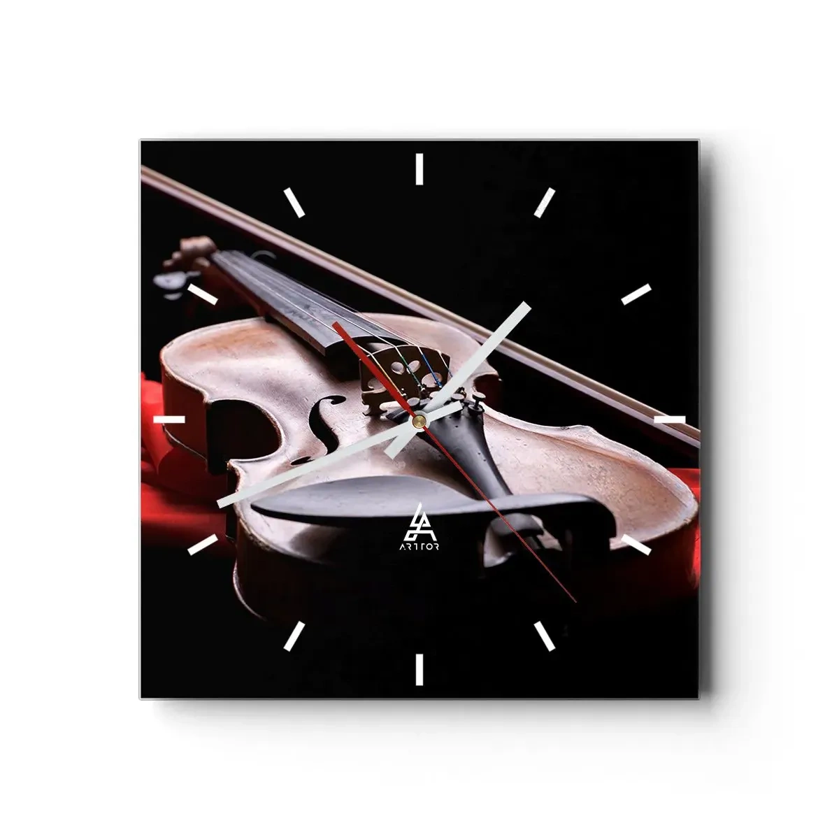 Wanduhr - Glasuhr - Geige auf rotem Stoff mit schwarzem Hintergrund - 30x30cm - Musik der Gefühle - Moderne Wanddekoration für Wohnzimmer und Schlafzimmer ARTTOR