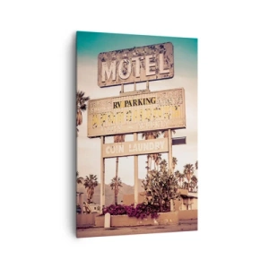 Bild auf Leinwand - Leinwandbild - Retro-Motelschild, umgeben von Palmen - 80x120cm - Hier ist die Zeit stehen geblieben - Moderne Wanddekoration für Wohnzimmer und Schlafzimmer ARTTOR