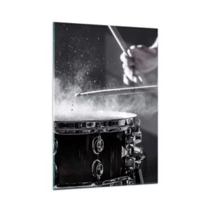 Glasbild - Bild auf glas - Trommeln in Bewegung mit schwebendem Pulver - 50x70cm - Der Puls der Musik - Moderne Wanddekoration für Wohnzimmer und Schlafzimmer ARTTOR