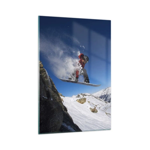 Glasbild - Bild auf glas - Ein Snowboarder springt von einem Felsen vor einer Berglandschaft - 80x120cm - Und du wurdest Teil des Raums - Moderne Wanddekoration für Wohnzimmer und Schlafzimmer ARTTOR