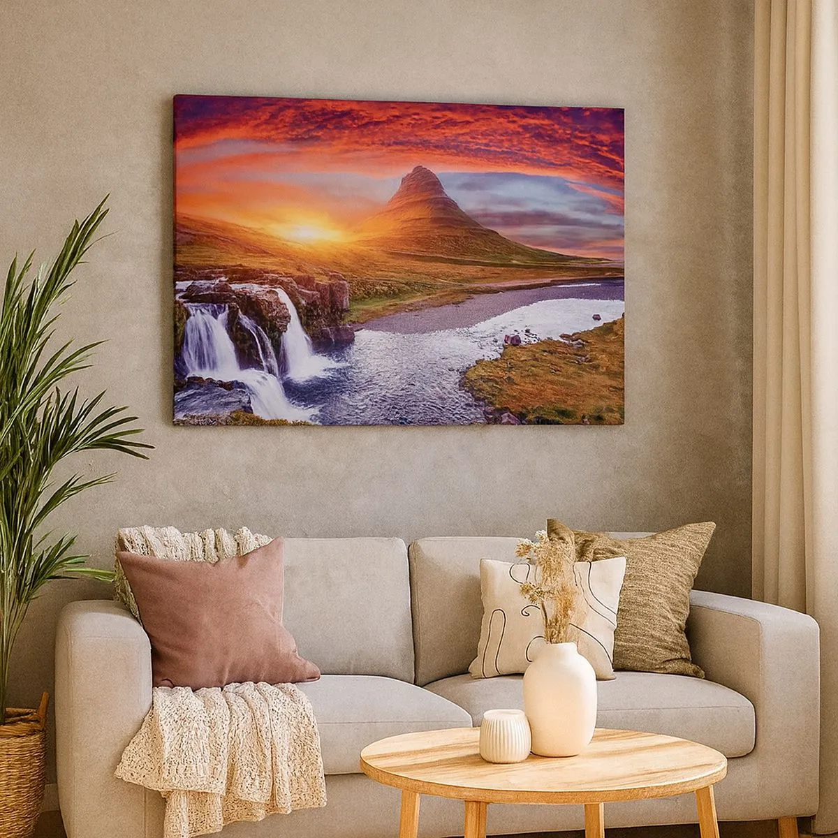 Bild auf Leinwand - Leinwandbild - Berglandschaft mit Wasserfall bei Sonnenuntergang - 70x50cm - Ein Blick auf Mittelerde - Moderne Wanddekoration für Wohnzimmer und Schlafzimmer ARTTOR
