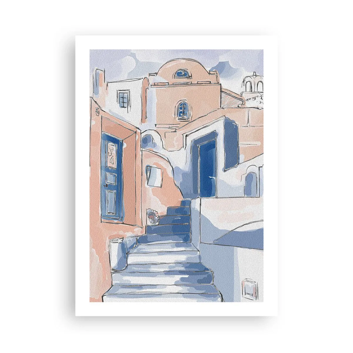 Poster - Eine malerische Straße im mediterranen Stil in Blautönen - 50x70cm - Exotische Stadt - Moderne Wanddekoration für Wohnzimmer und Schlafzimmer ARTTOR