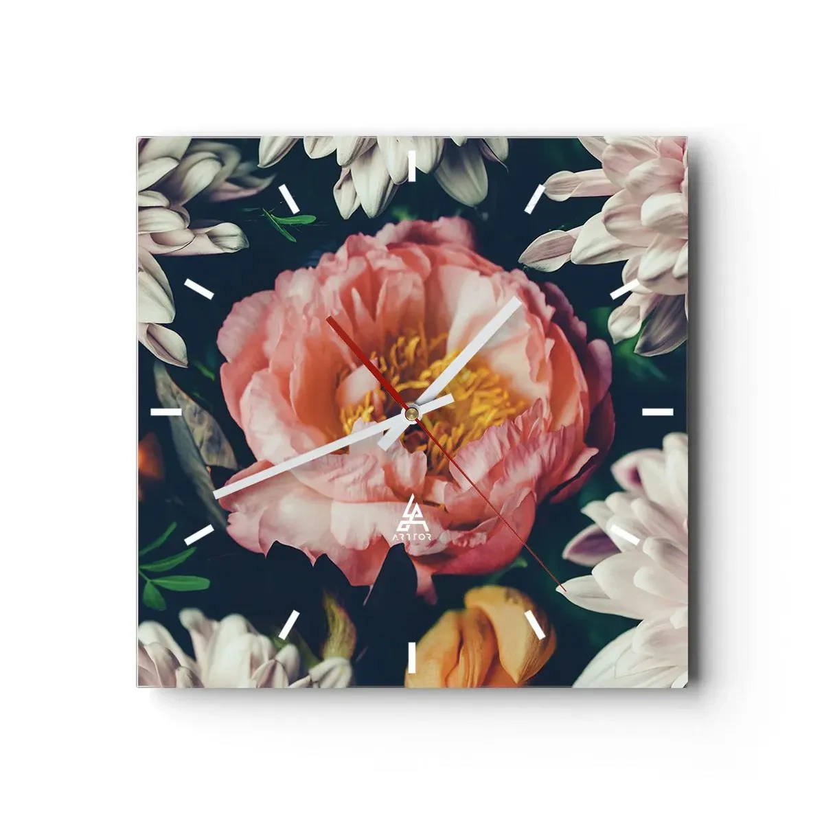 Wanduhr - Glasuhr - Blumenarrangement mit Pfingstrosen und Chrysanthemen auf dunklem Hintergrund - 30x30cm - Mit barocker Pracht - Moderne Wanddekoration für Wohnzimmer und Schlafzimmer ARTTOR
