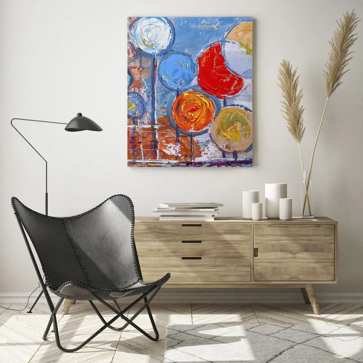 Glasbild - Bild auf glas - Bunte, abstrakte Bäume, die gegen den Himmel gemalt sind - 50x70cm - Wunder am Stiel - Moderne Wanddekoration für Wohnzimmer und Schlafzimmer ARTTOR