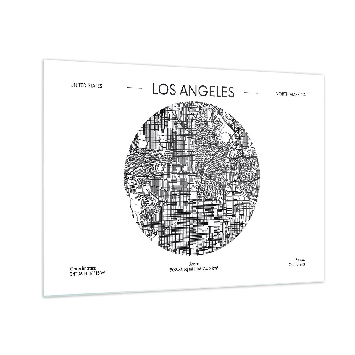Glasbild - Bild auf glas - Eine minimalistische Schwarzweißkarte von Los Angeles. - 70x50cm - Anatomie von Los Angeles - Moderne Wanddekoration für Wohnzimmer und Schlafzimmer ARTTOR