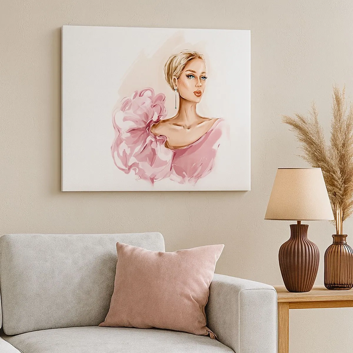 Bild auf Leinwand - Leinwandbild - Porträt einer Frau in einem rosa Kleid vor hellem Hintergrund - 70x50cm - Wie gemalt ... - Moderne Wanddekoration für Wohnzimmer und Schlafzimmer ARTTOR