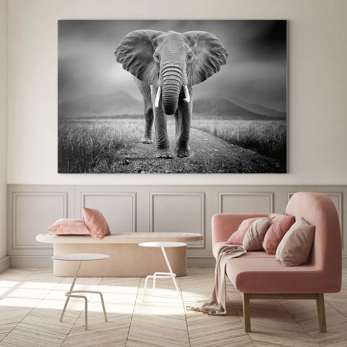 Glasbild - Bild auf glas - Elefant in der Savanne in Schwarz und Weiß - 70x50cm - Der Gastgeber heißt willkommen - Moderne Wanddekoration für Wohnzimmer und Schlafzimmer ARTTOR