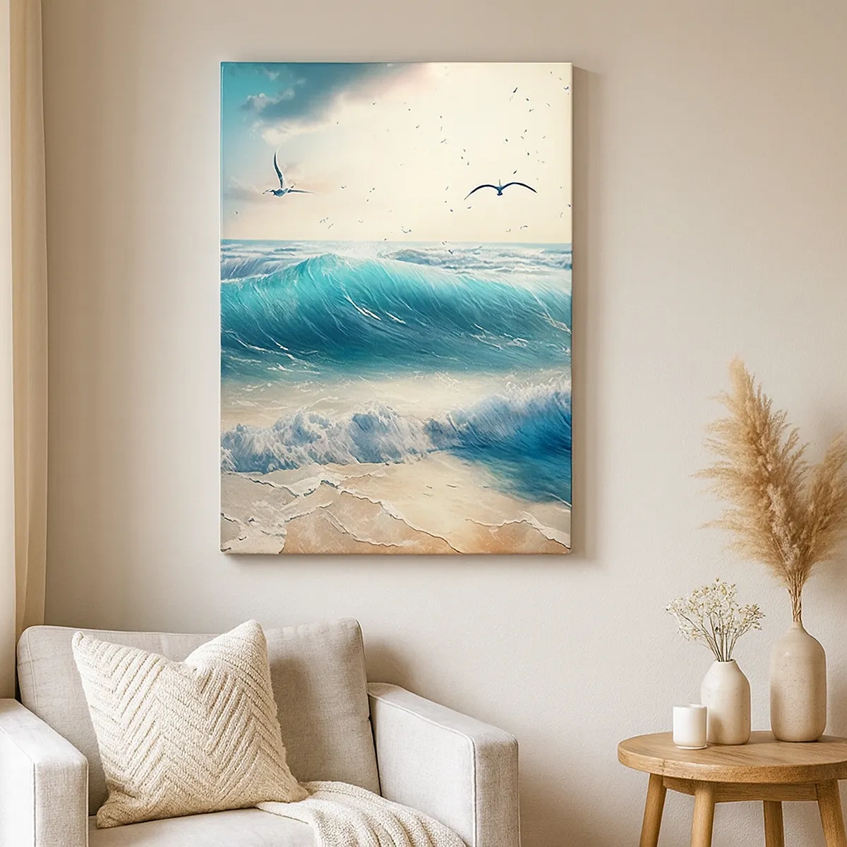 Bild auf Leinwand - Leinwandbild - Meereswellen am Strand unter blauem Himmel mit Möwen - 50x70cm - Es summt nur für dich - Moderne Wanddekoration für Wohnzimmer und Schlafzimmer ARTTOR